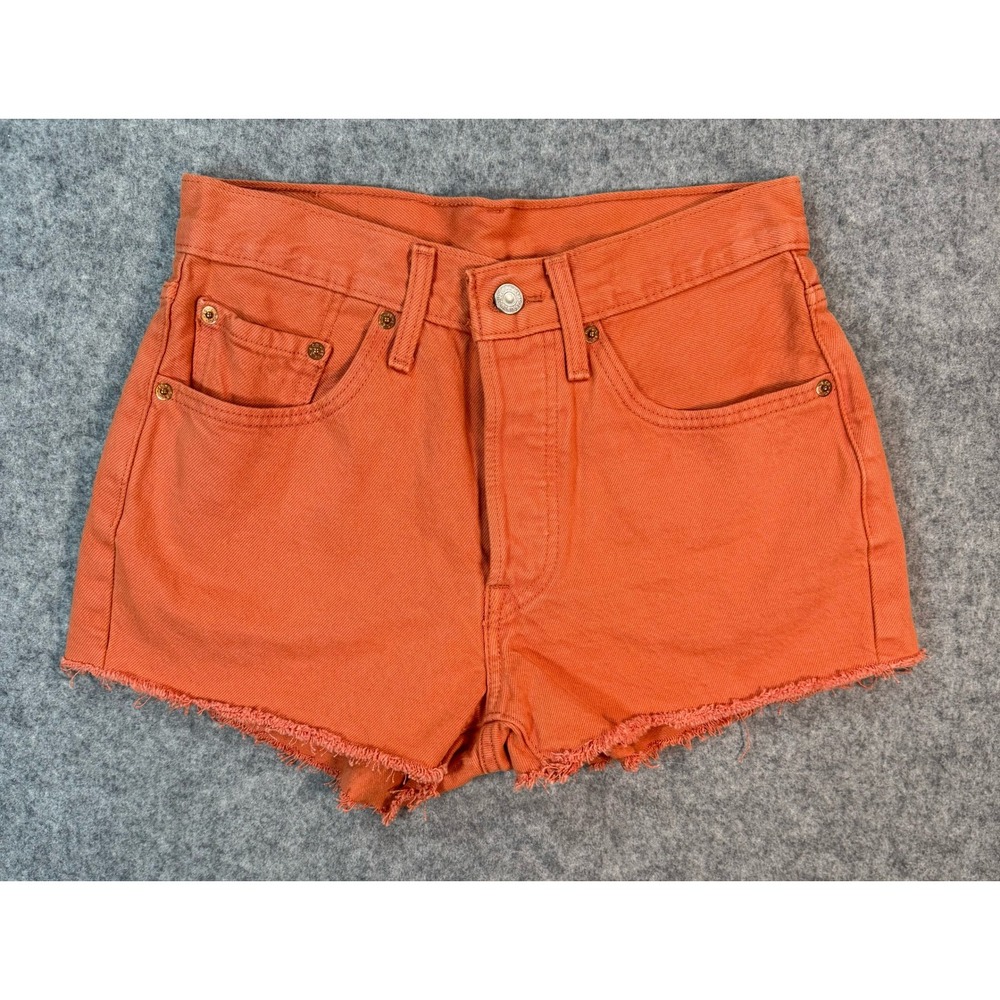 Levis 501 Original High Rise Denim Shorts Orange Cut Off W26 Button Fly